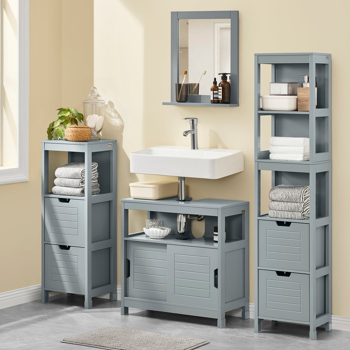 SoBuy FRG128-SG Meuble sous Lavabo avec Portes Coulissantes, Format Compact, Résistant à l’Humidité, pour Salle de Bain et WC – L60×P30×H60 cm, Bois, Gris