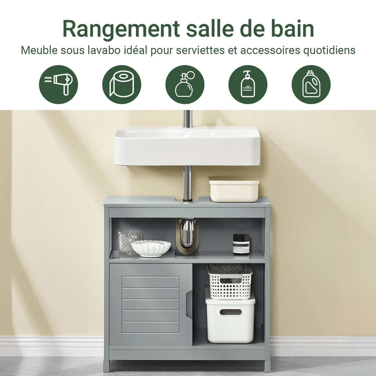 SoBuy FRG128-SG Meuble sous Lavabo avec Portes Coulissantes, Format Compact, Résistant à l’Humidité, pour Salle de Bain et WC – L60×P30×H60 cm, Bois, Gris