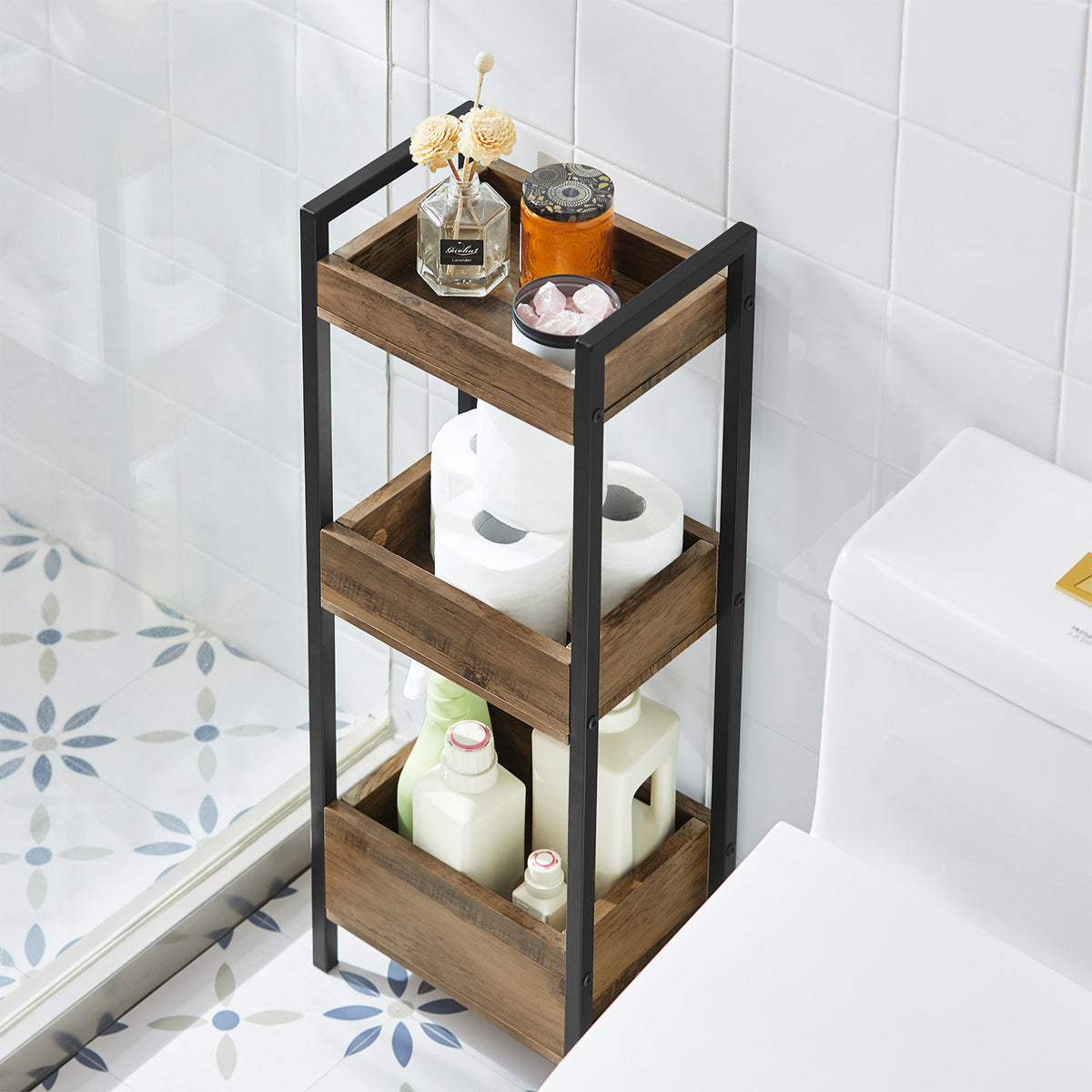 SoBuy FRG226-F Meuble Salle de Bain Rangement avec 3 paniers - Rangement Serviteur de Douche Étagère de Stockage Salle de Bain Petit Meuble WC Rangement 28x20x74 cm