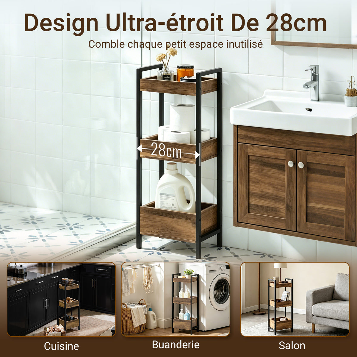 SoBuy FRG226-F Meuble Salle de Bain Rangement avec 3 paniers - Rangement Serviteur de Douche Étagère de Stockage Salle de Bain Petit Meuble WC Rangement 28x20x74 cm