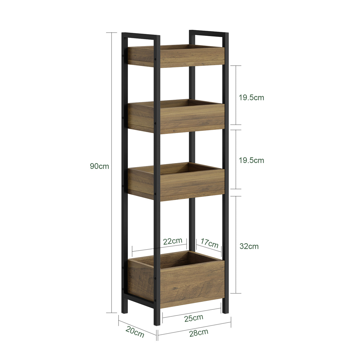 SoBuy FRG226-H-F Étagère WC Étroite 20 cm – Meuble Rangement Toilette Gain de Place, 4 Étagères Compartimentées, Style Industriel Bois et Métal Noir