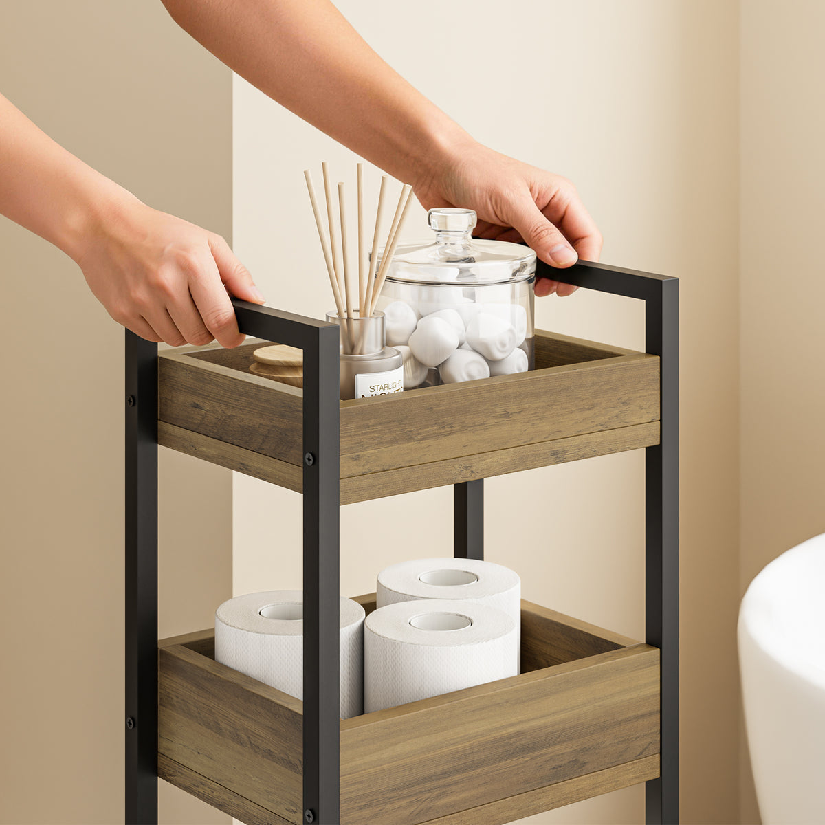 SoBuy FRG226-H-F Étagère WC Étroite 20 cm – Meuble Rangement Toilette Gain de Place, 4 Étagères Compartimentées, Style Industriel Bois et Métal Noir