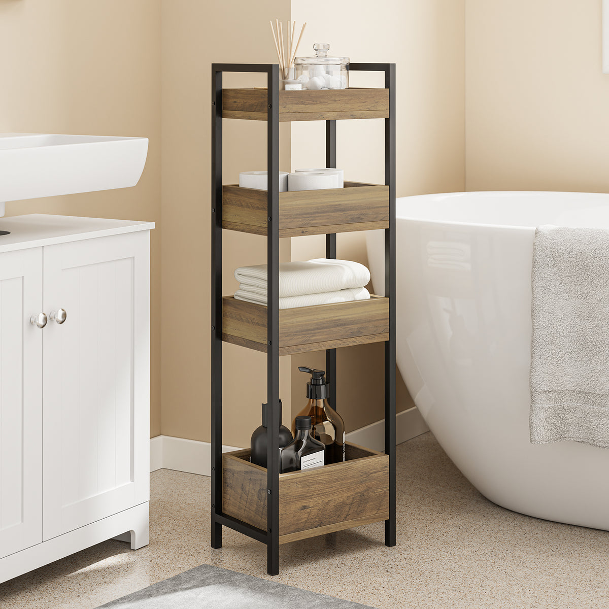SoBuy FRG226-H-F Étagère WC Étroite 20 cm – Meuble Rangement Toilette Gain de Place, 4 Étagères Compartimentées, Style Industriel Bois et Métal Noir