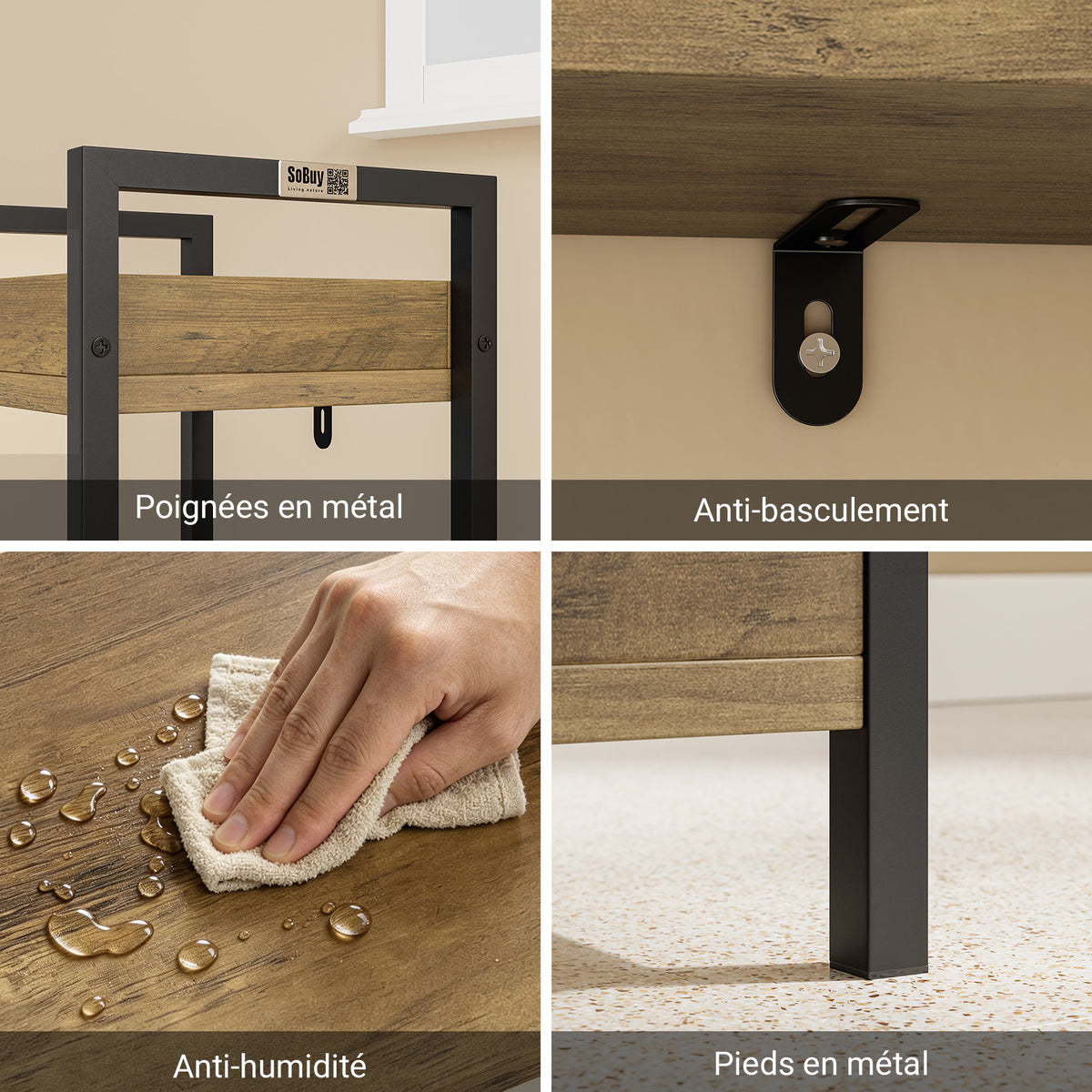 SoBuy FRG226-H-F Étagère WC Étroite 20 cm – Meuble Rangement Toilette Gain de Place, 4 Étagères Compartimentées, Style Industriel Bois et Métal Noir