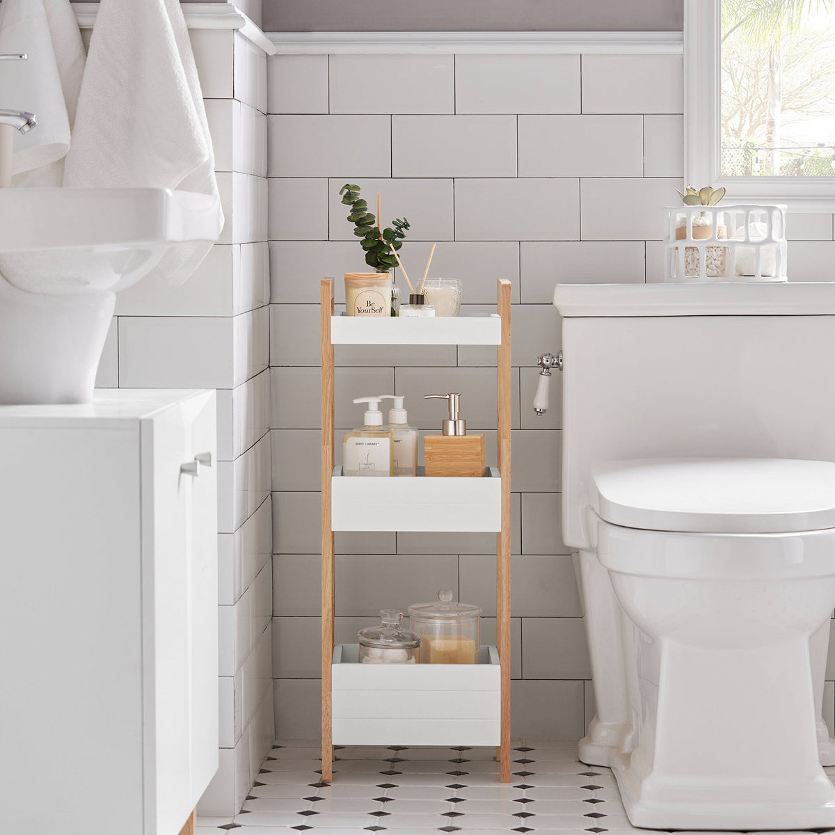 SoBuy FRG226-WN Tour de rangement salle de bain 20 cm avec 3 paniers – Blanc et bois