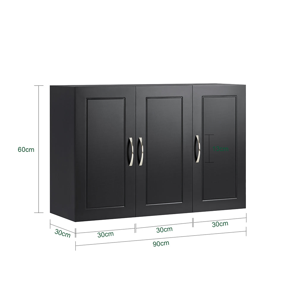 SoBuy FRG231-L-SCH Meuble Haut Suspendu Noir 90 cm avec 3 Portes et Étagère Réglable – MDF E1, Charge 36 kg, Sangle Anti-Basculement