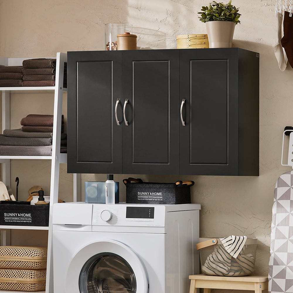 SoBuy FRG231-L-SCH Meuble Haut Suspendu Noir 90 cm avec 3 Portes et Étagère Réglable – MDF E1, Charge 36 kg, Sangle Anti-Basculement