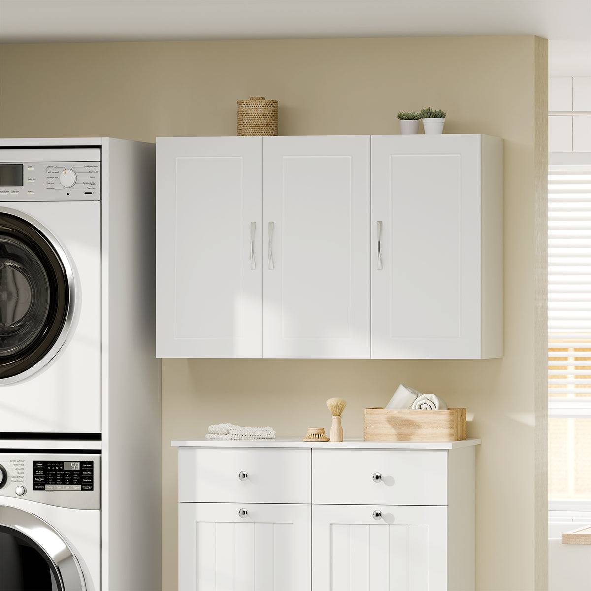 SoBuy FRG231-L-W Meuble Haut Suspendu 90 cm – 3 Portes, Étagère Réglable – Blanc