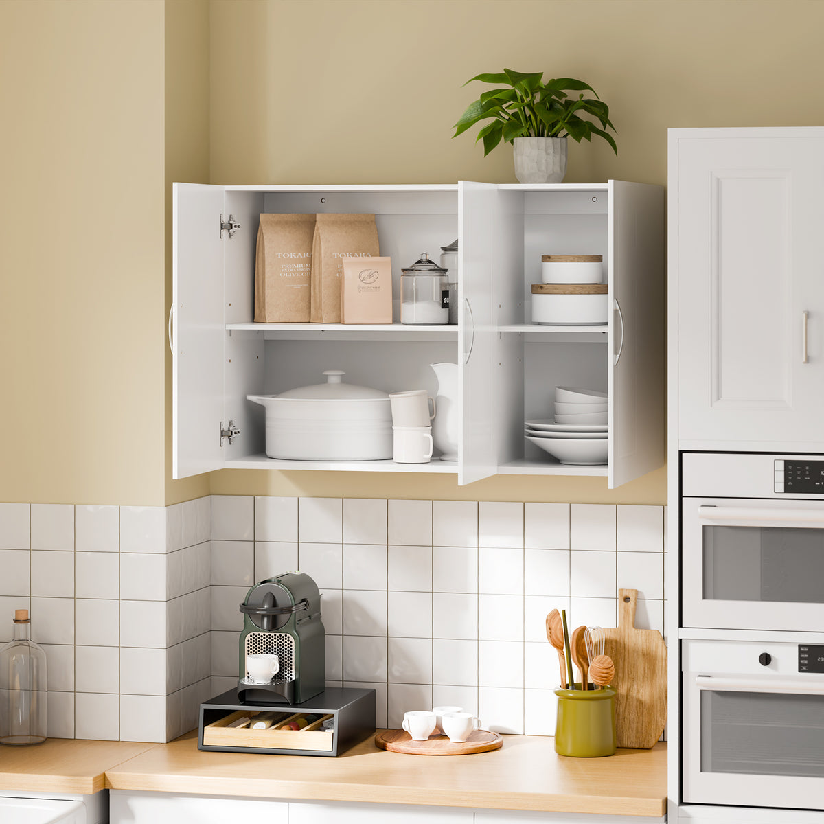SoBuy FRG231-L-W Meuble Haut Suspendu 90 cm – 3 Portes, Étagère Réglable – Blanc