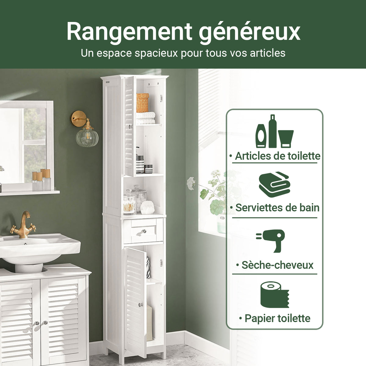 SoBuy FRG236-W Colonne de Salle de Bain – 32 cm, 2 Portes Persiennes, Tiroir et Niche, Blanc