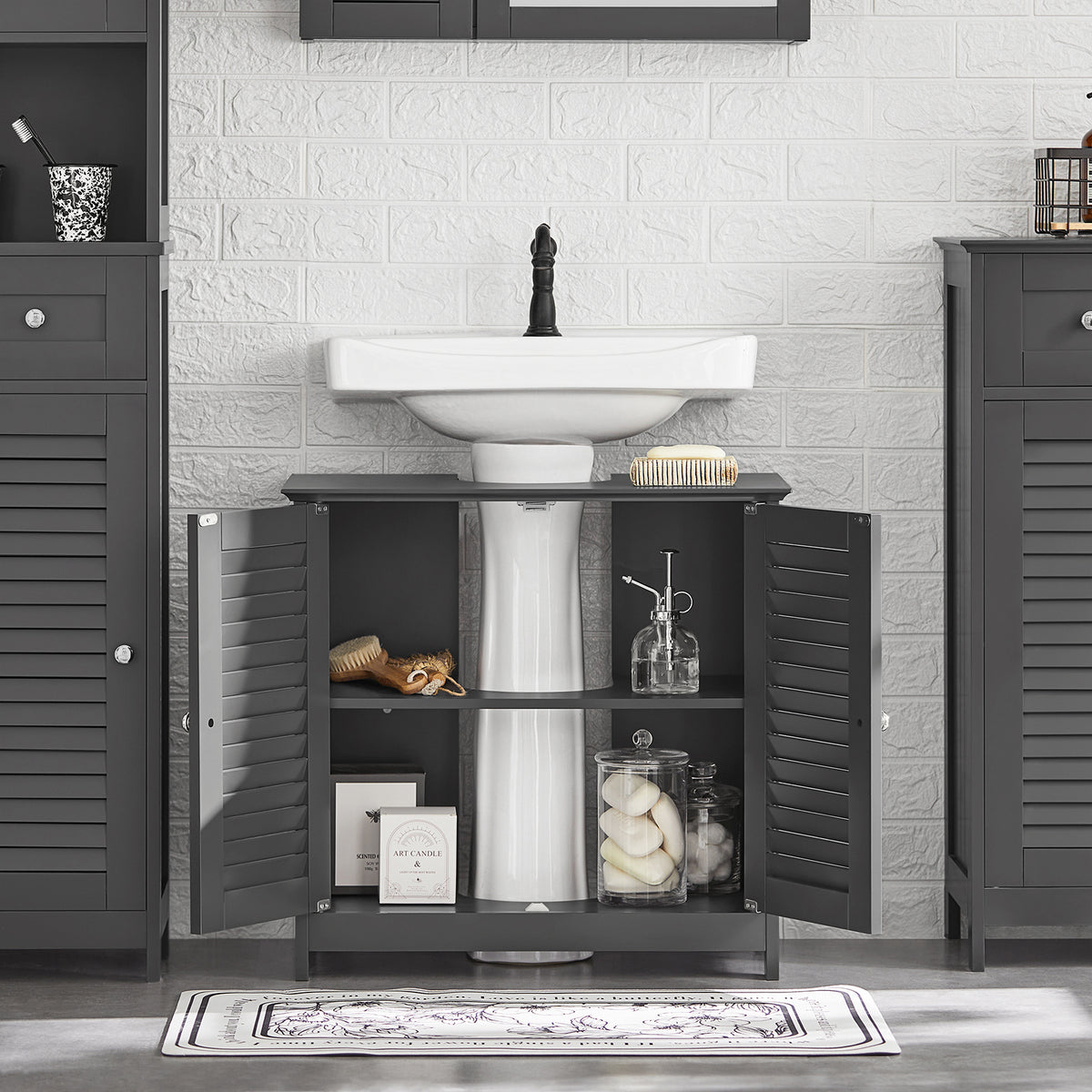 SoBuy FRG237-II-DG Meuble sous Lavabo avec Étagères Ajustables, Résistant à l’Humidité, pour Salle de Bain et WC, Rangement Optimisé – L60×P35×H58 cm, MDF, Gris