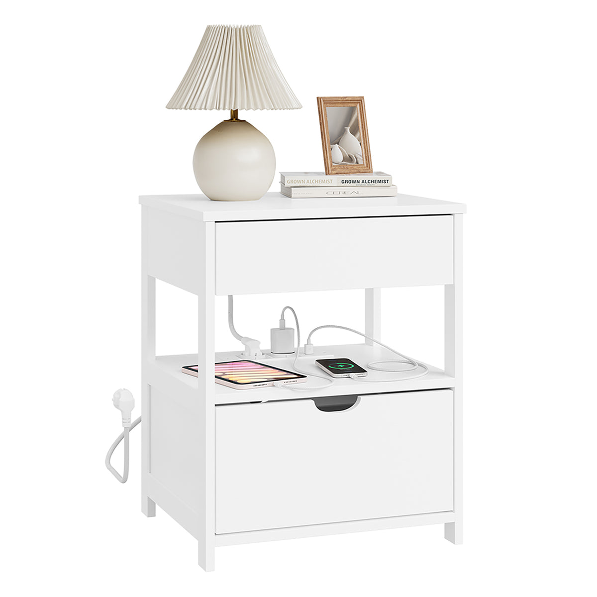 SoBuy FRG258-II-E-W Table de Chevet avec Station de Charge 4-en-1, 2 Tiroirs et Étagère – Blanc, 45×38×55,5 cm