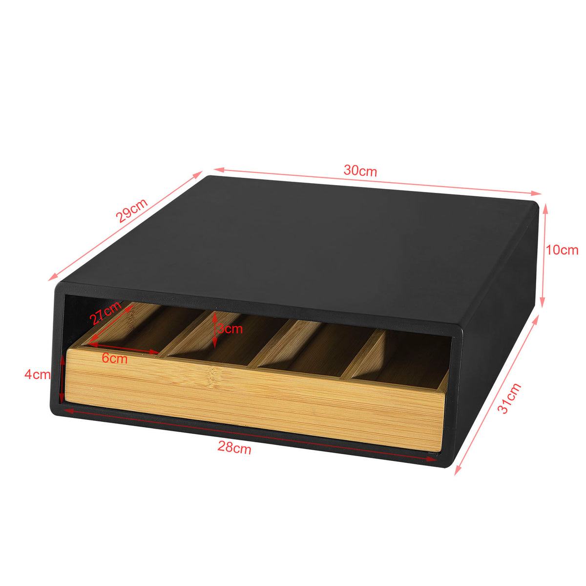 SoBuy FRG280-SCH Boîte à Thé avec Tiroir, Format Compact, Rangement Optimisé, Design Fonctionnel, Usage Quotidien, Pratique – L31×P30×H10 cm, Bambou, Noir
