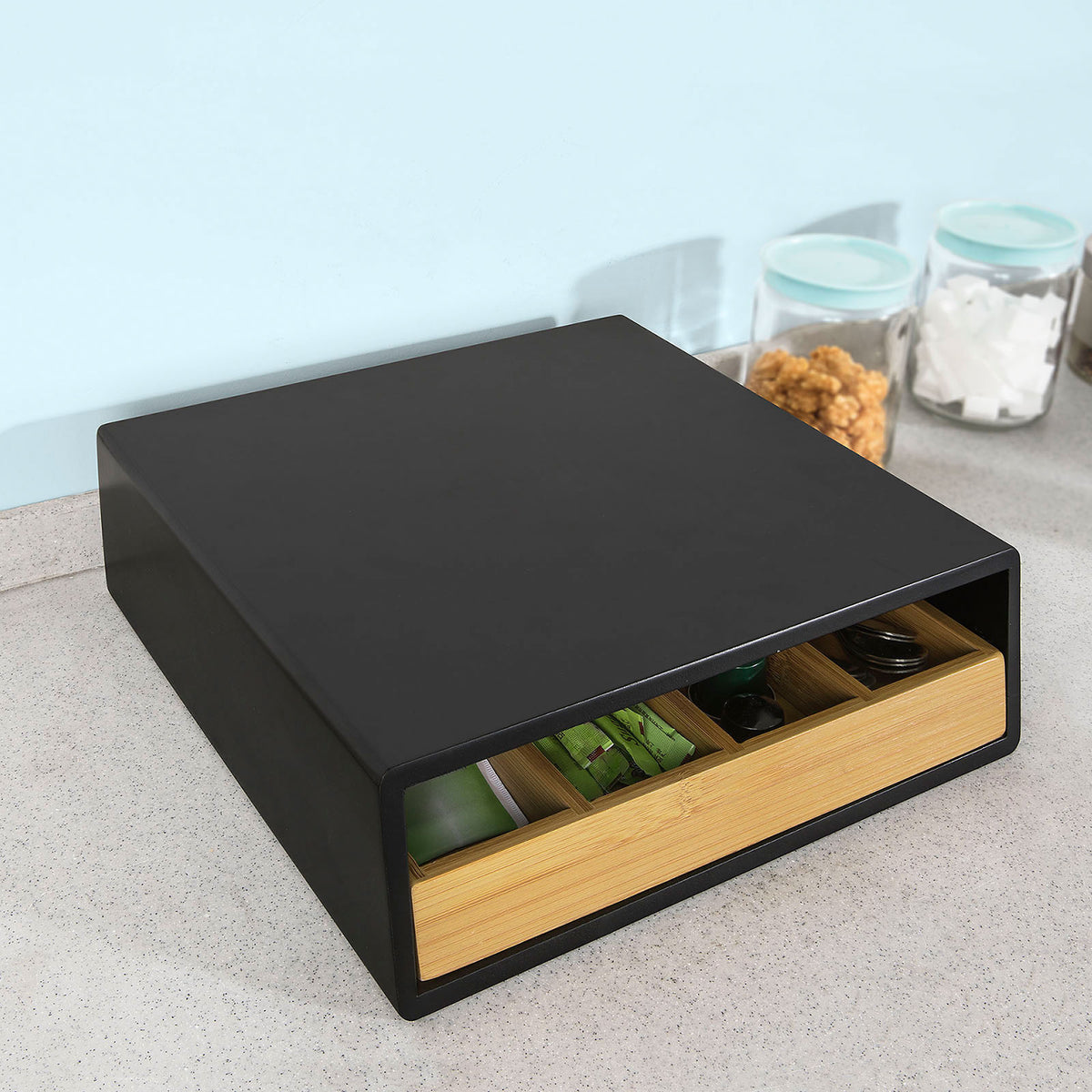 SoBuy FRG280-SCH Boîte à Thé avec Tiroir, Format Compact, Rangement Optimisé, Design Fonctionnel, Usage Quotidien, Pratique – L31×P30×H10 cm, Bambou, Noir