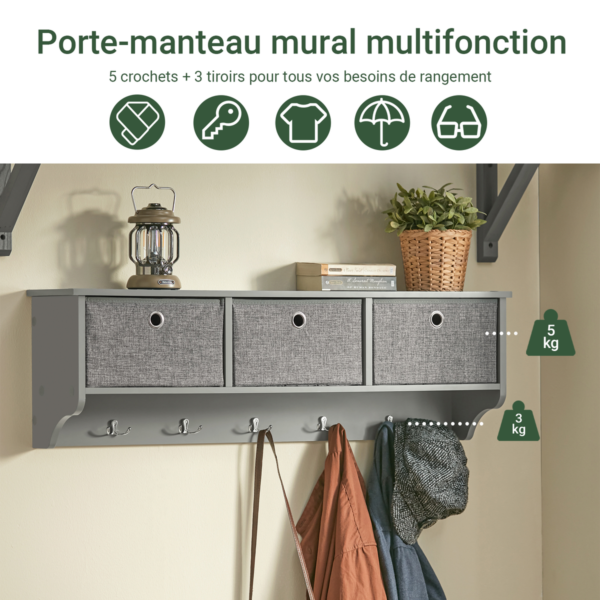 SoBuy FRG282-HG Porte-Manteau Mural avec 5 Crochets et 3 Paniers, pour Entrée et Couloir, Design Fonctionnel, Usage Quotidien – L100×P20×H30 cm, Bois, Gris