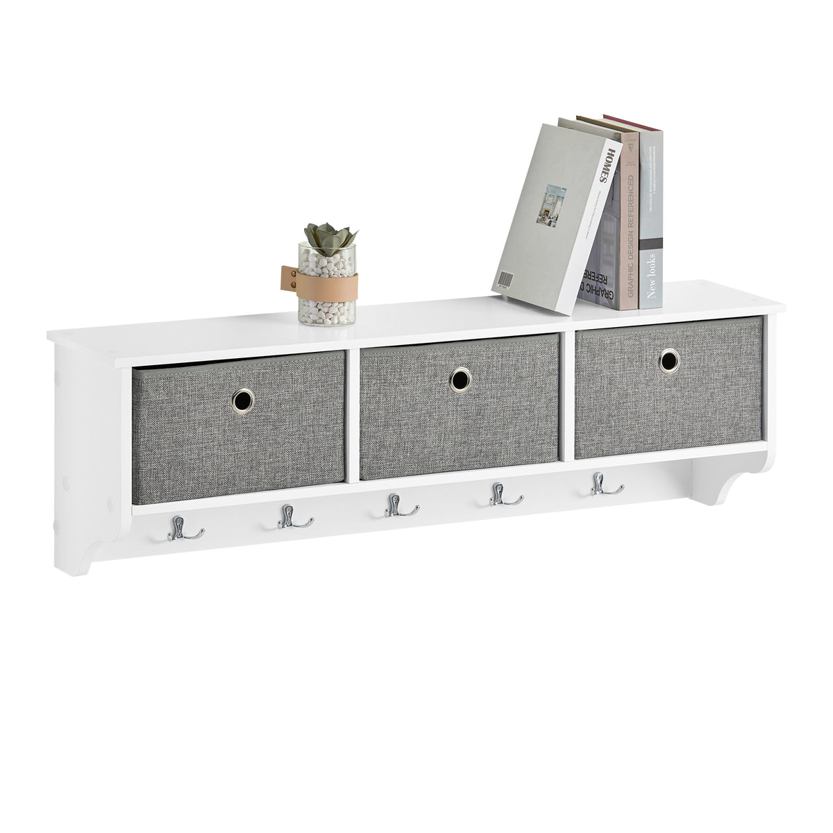 SoBuy FRG282-W Porte Manteau Mural avec 5 Crochets et 3 Paniers - Porte Manteau Mural Bois, Meuble Entrée avec Étagère - Pend