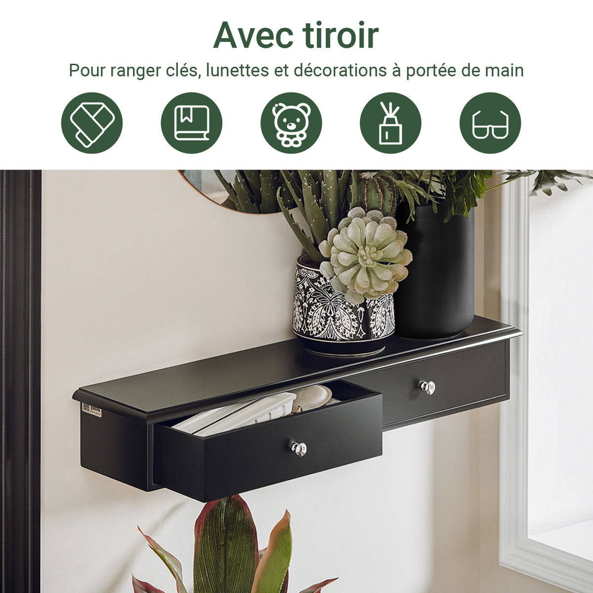 SoBuy FRG43-SCH Etagere Murale avec 2 Tiroirs - Étagère Flottante Moderne pour Entrée, Salon, Cuisine & Chambre - Noir 64x15x10cm