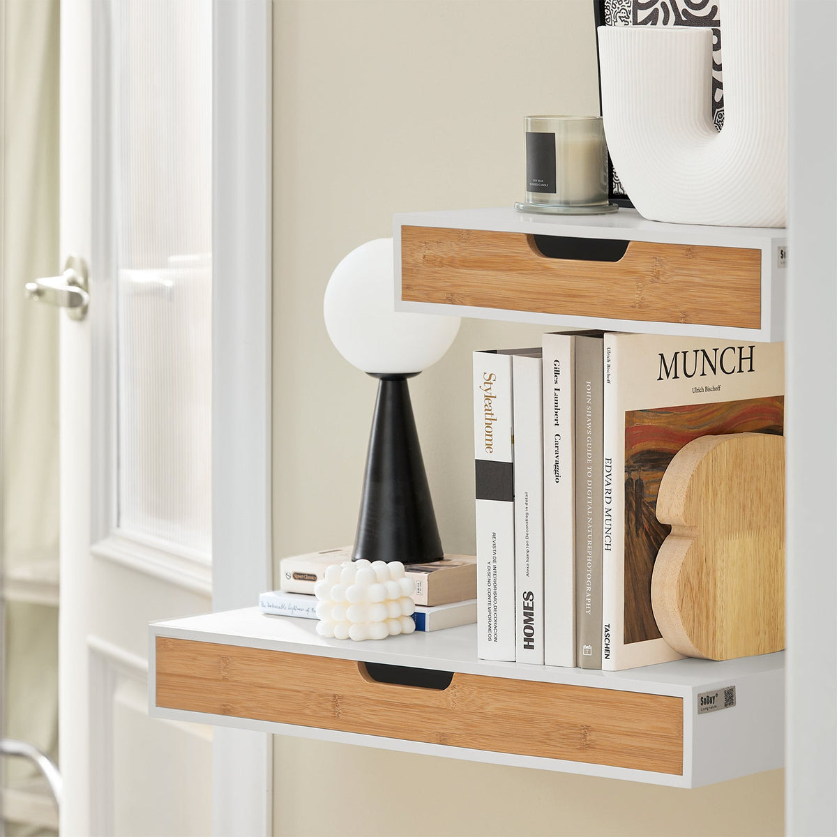 SoBuy FRG92-WNx2 Lot de 2 Étagères Murales Flottantes avec Tiroir, Étagère Murale Moderne pour Entrée, Salon, Cuisine ou Chambre, Blanc & Nature 40×24×8 cm