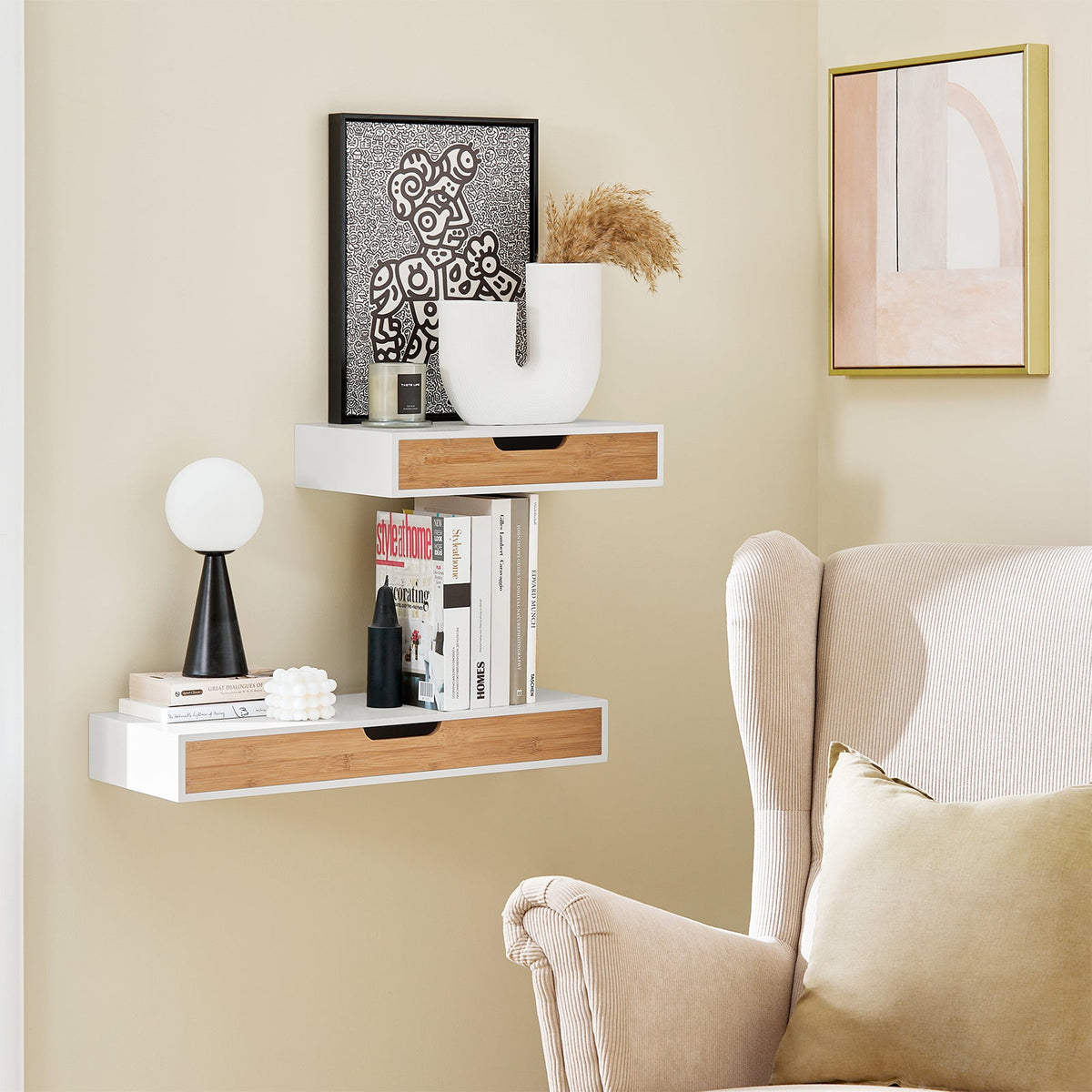 SoBuy FRG92-WNx2 Lot de 2 Étagères Murales Flottantes avec Tiroir, Étagère Murale Moderne pour Entrée, Salon, Cuisine ou Chambre, Blanc & Nature 40×24×8 cm