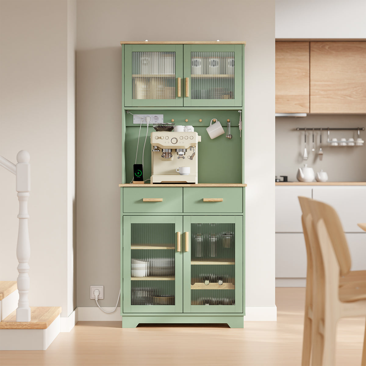 SoBuy FSB108-E-GR Buffet de Cuisine avec Éclairage LED et Prises USB – 4 Portes Vitrées, 2 Tiroirs, 6 Étagères – 80×38×180 cm, Vert Sauge