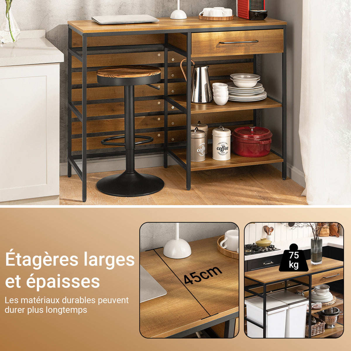 SoBuy FSB71-PF Îlot de Cuisine 120 × 45 × 90 cm, Tiroir, 2 Étagères et Espace Ouvert – Effet Bois et Métal Noir