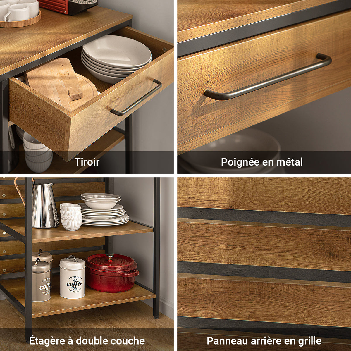 SoBuy FSB71-PF Îlot de Cuisine 120 × 45 × 90 cm, Tiroir, 2 Étagères et Espace Ouvert – Effet Bois et Métal Noir