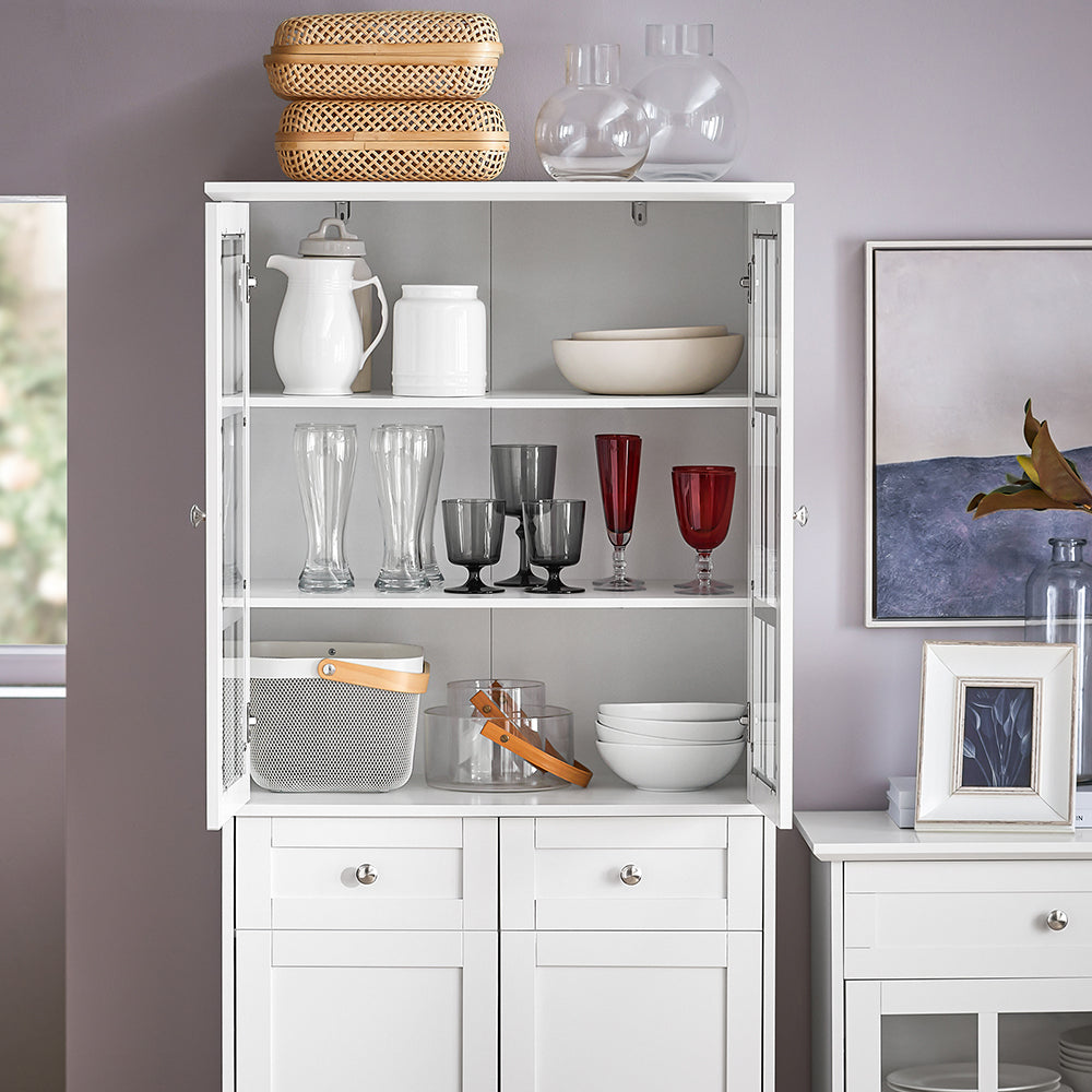 SoBuy FSB76-W Buffet Haut avec 2 Portes Vitrées, 2 Portes et 2 Tiroirs – L75×P40×H175 cm, Charge 100 kg, MDF E1, Blanc