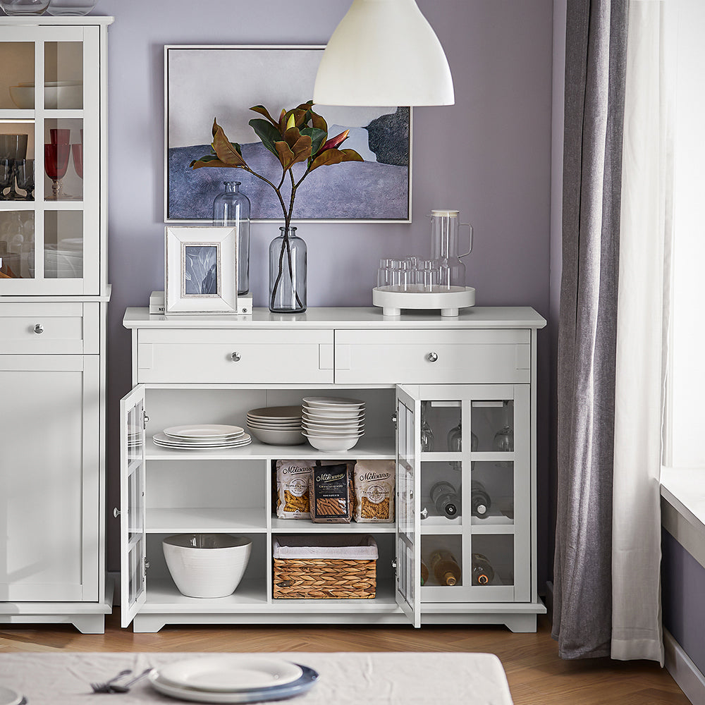 SoBuy FSB77-W Buffet Cuisine avec 3 Portes Vitrées et 2 Tiroirs, pour Cuisine et Salle à Manger, Rangement Optimisé, Design Fonctionnel – L119×P40×H90 cm, Blanc