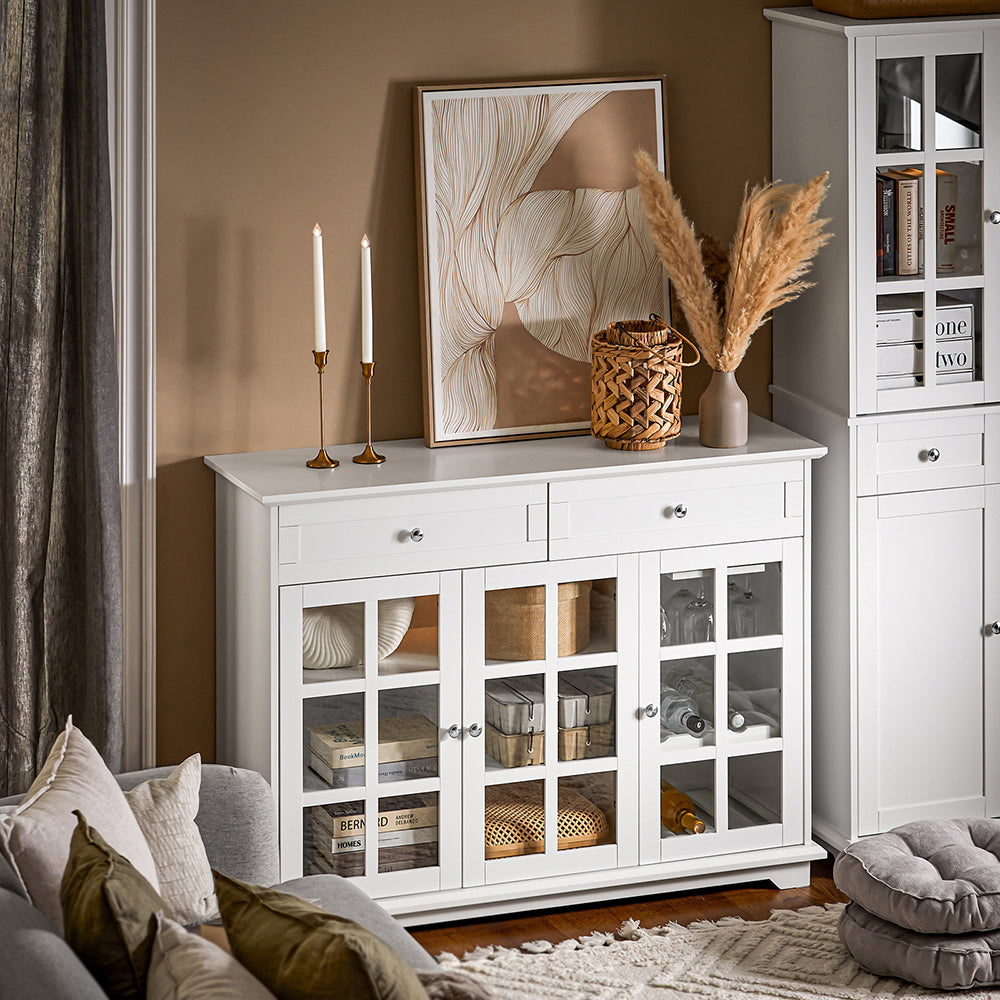 SoBuy FSB77-W Buffet Cuisine avec 3 Portes Vitrées et 2 Tiroirs, pour Cuisine et Salle à Manger, Rangement Optimisé, Design Fonctionnel – L119×P40×H90 cm, Blanc