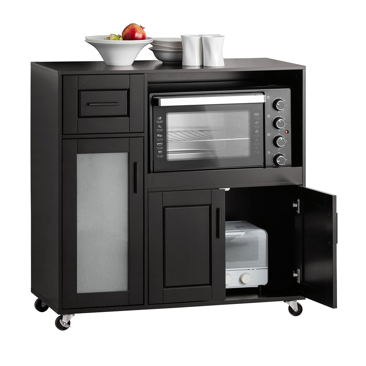 SoBuy FSB78-SCH Meuble Micro-Ondes Buffet Commode sur roulettes Armoire de Cuisine Multi-Rangement avec 3 Portes, 1 Tiroir, 1