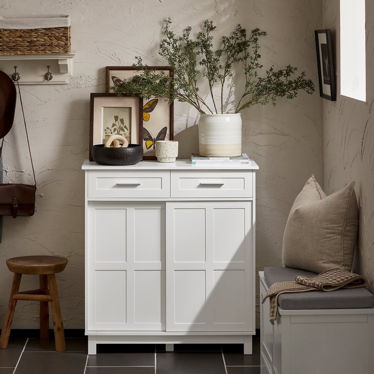 SoBuy FSB84-W Meuble de Rangement Meuble d’entrée Buffet Placard avec 2 Tiroirs et 2 Portes Coulissantes