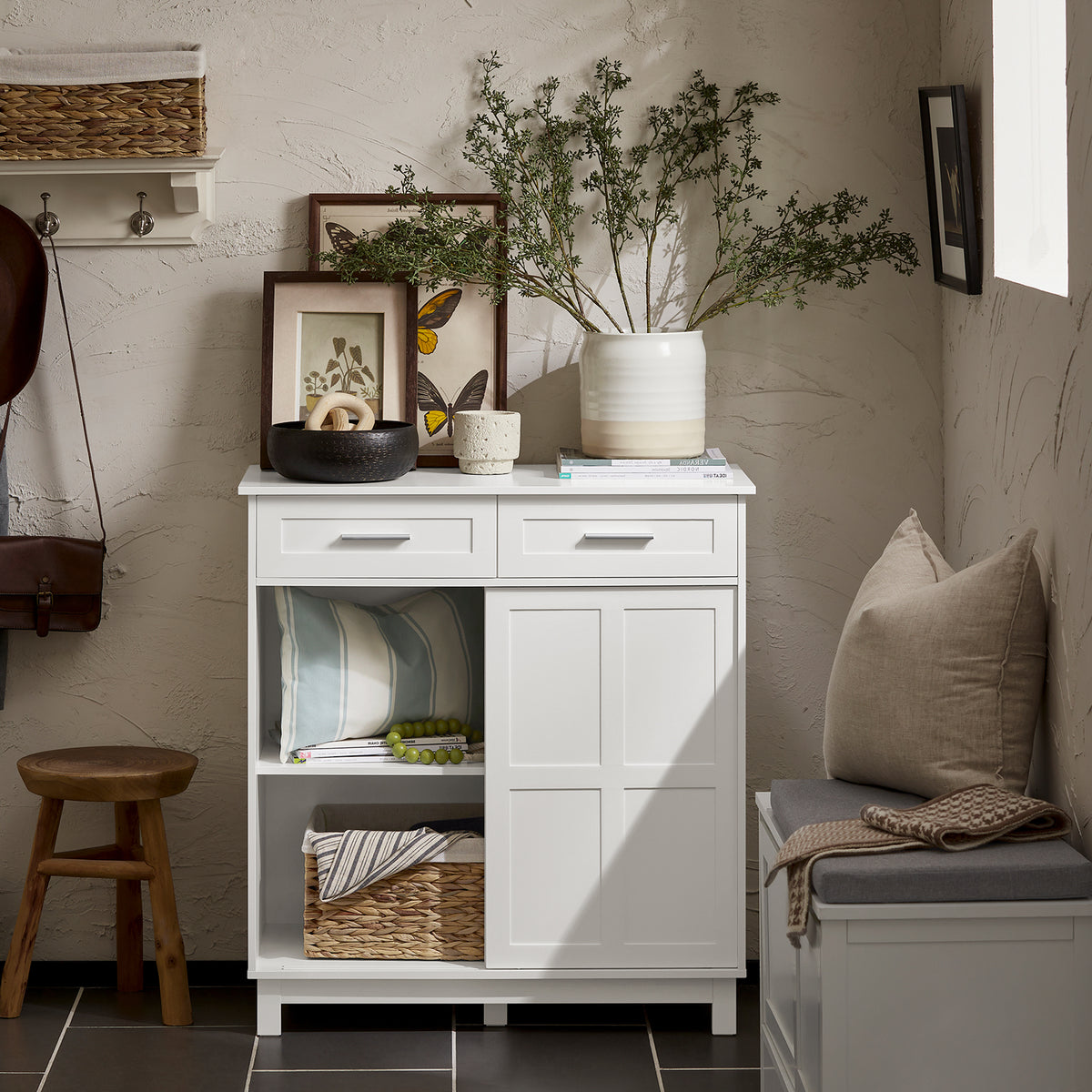 SoBuy FSB84-W Meuble de Rangement Meuble d’entrée Buffet Placard avec 2 Tiroirs et 2 Portes Coulissantes