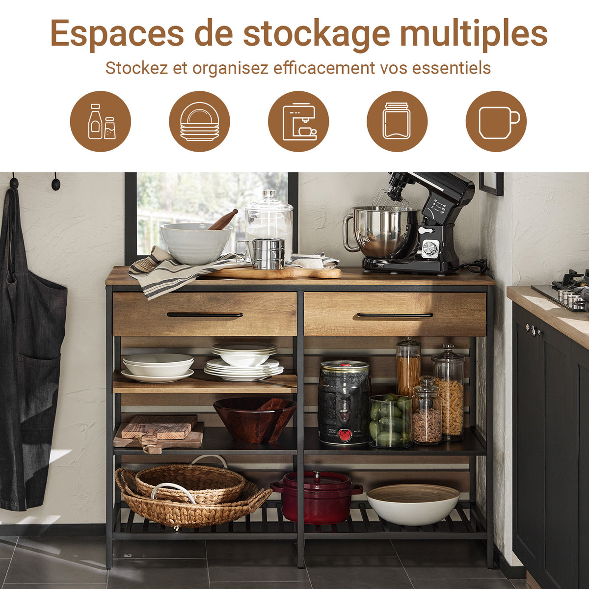 SoBuy FSB85-PF Buffet de Cuisine Style Industriel – 120 cm, 2 Tiroirs et Range-Bouteilles, Marron