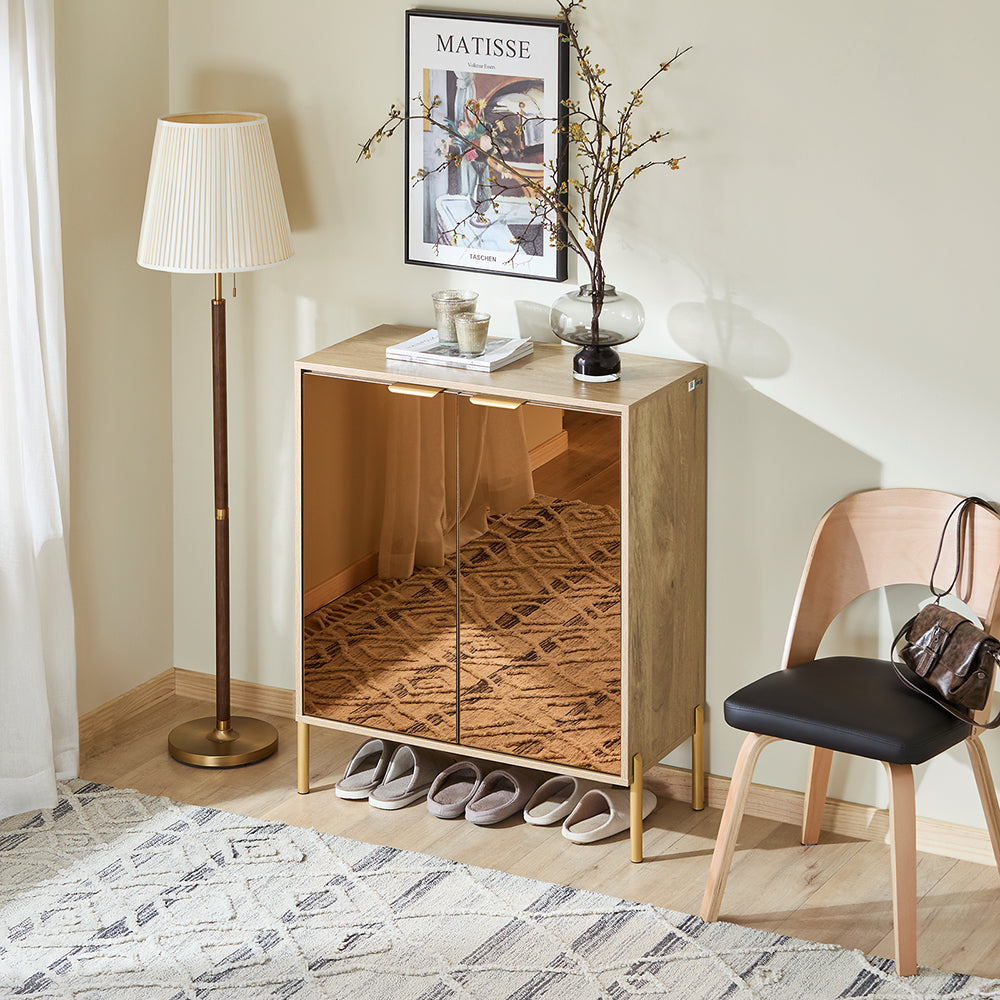 SoBuy FSB96-G Armoire à Chaussures avec 2 Portes Effet Miroir et 5 Compartiments – L83×P38×H100 cm, Charge 80 kg, Finition Dorée