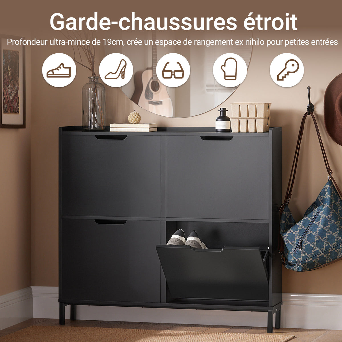 SoBuy FSR100-SCH Meuble à Chaussures 4 Abattants – 19 cm de Profondeur, Jusqu'à 12 Paires, Noir Mat