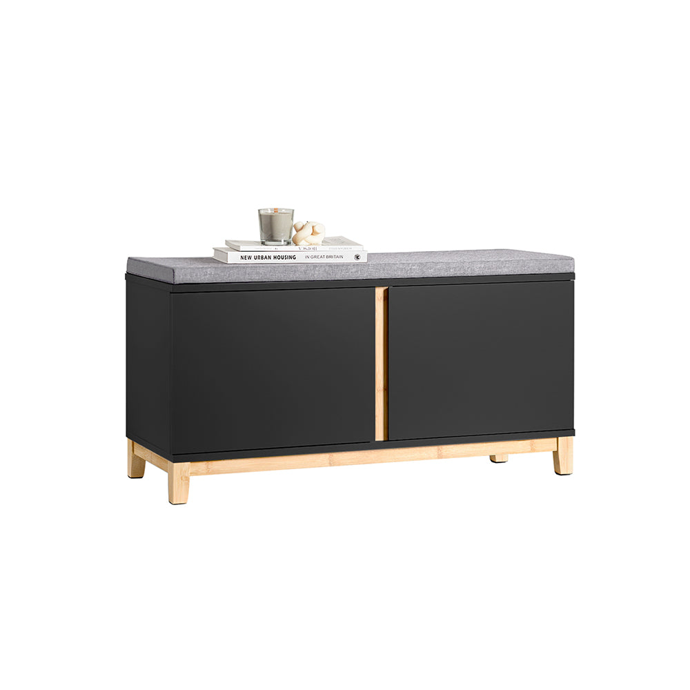 SoBuy FSR117-SCH Banc à Chaussures avec Coussin Rembourré et 2 Portes, Meuble d'Entrée – 90x34x46 cm, Noir