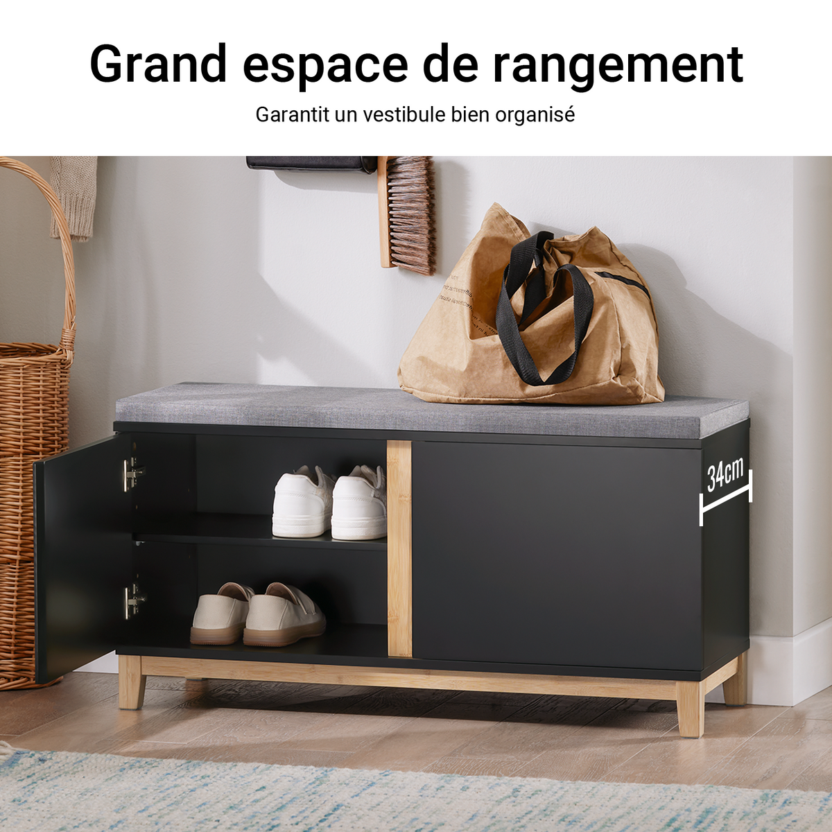 SoBuy FSR117-SCH Banc à Chaussures avec Coussin Rembourré et 2 Portes, Meuble d'Entrée – 90x34x46 cm, Noir