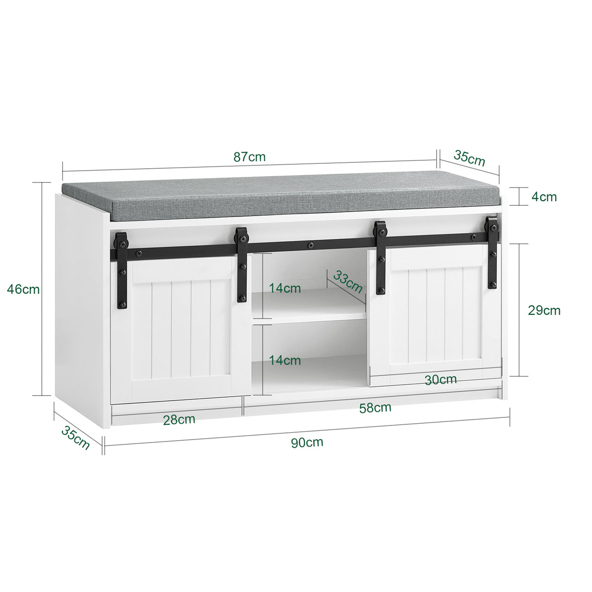 SoBuy FSR133-K-W Banc à Chaussures avec Coussin Rembourré, Porte de Grange Coulissante, 6 Compartiments Réglables, Charge 200 kg – 90x35x46 cm, Blanc