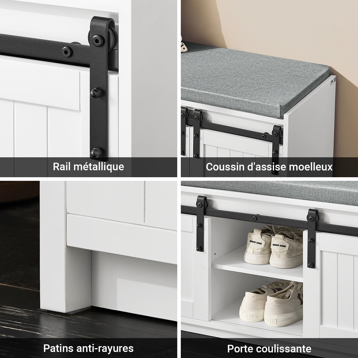 SoBuy FSR133-K-W Banc à Chaussures avec Coussin Rembourré, Porte de Grange Coulissante, 6 Compartiments Réglables, Charge 200 kg – 90x35x46 cm, Blanc