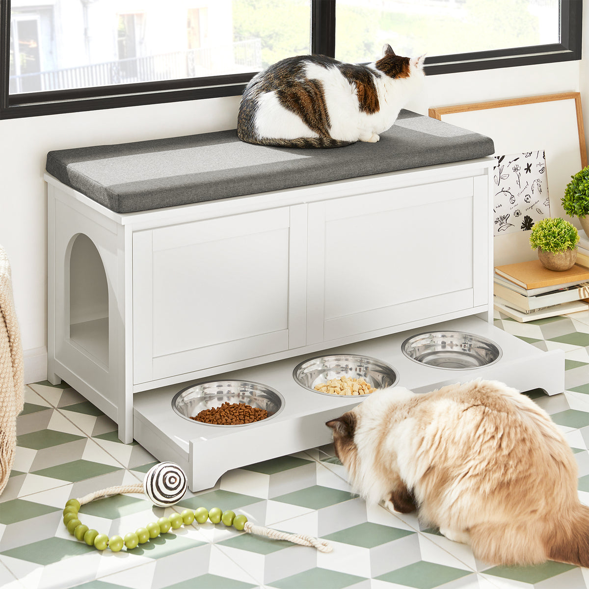 SoBuy FSR136-W Banc à Chaussures avec Coussin Rembourré, 2 Portes et Maison pour Chat Intégrée pour Entrée – 90x36x44 cm, Blanc