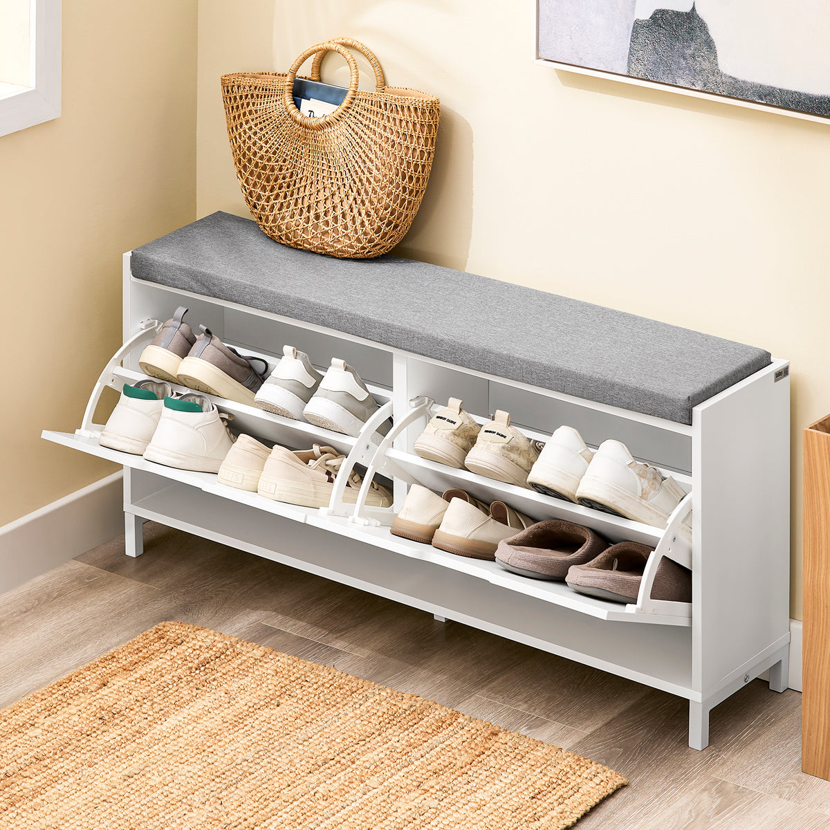 SoBuy FSR151-L-W Banc à Chaussures avec 4 Compartiments et Coussin Confortable, pour Entrée et Couloir, Compact – L105×P24×H52 cm, Charge 250 kg, Bois, Blanc