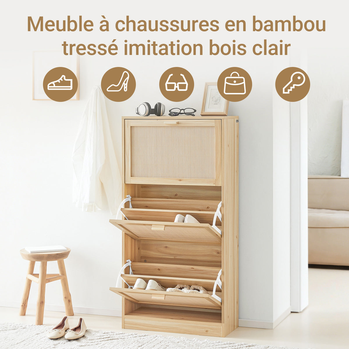 SoBuy FSR159-N Armoire à Chaussures 3 Abattants – L60 × P24 × H118 cm, Naturel