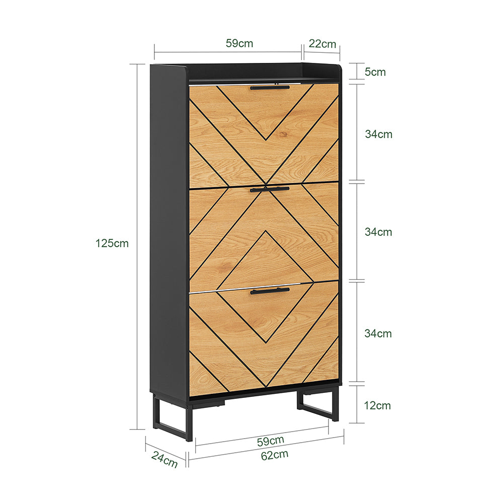 SoBuy FSR164-SCH Armoire à Chaussures 3 Abattants sur Pieds Métal – Motif Diamant, 24 cm de Profondeur – 62×24×125 cm, Noir et Bois