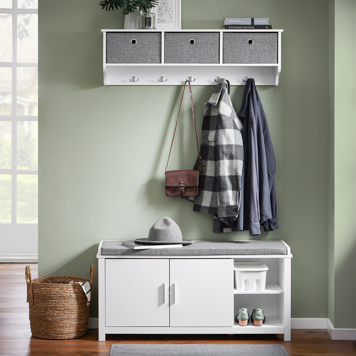 SoBuy FSR168-W Banc à Chaussures Banc de Rangement Meuble d'Entrée Meuble à Chaussures, 2 Portes Coussin Rembourré