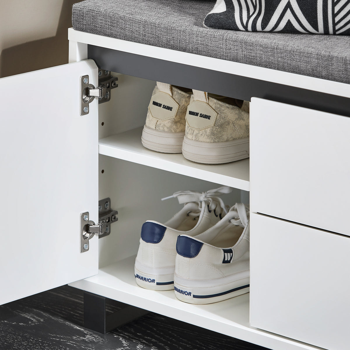 SoBuy FSR176-W Banc de Rangement, Banc à Chaussures, avec 1 Coussin Rembourré, 2 Tiroirs et 2 Portes pour Entrée