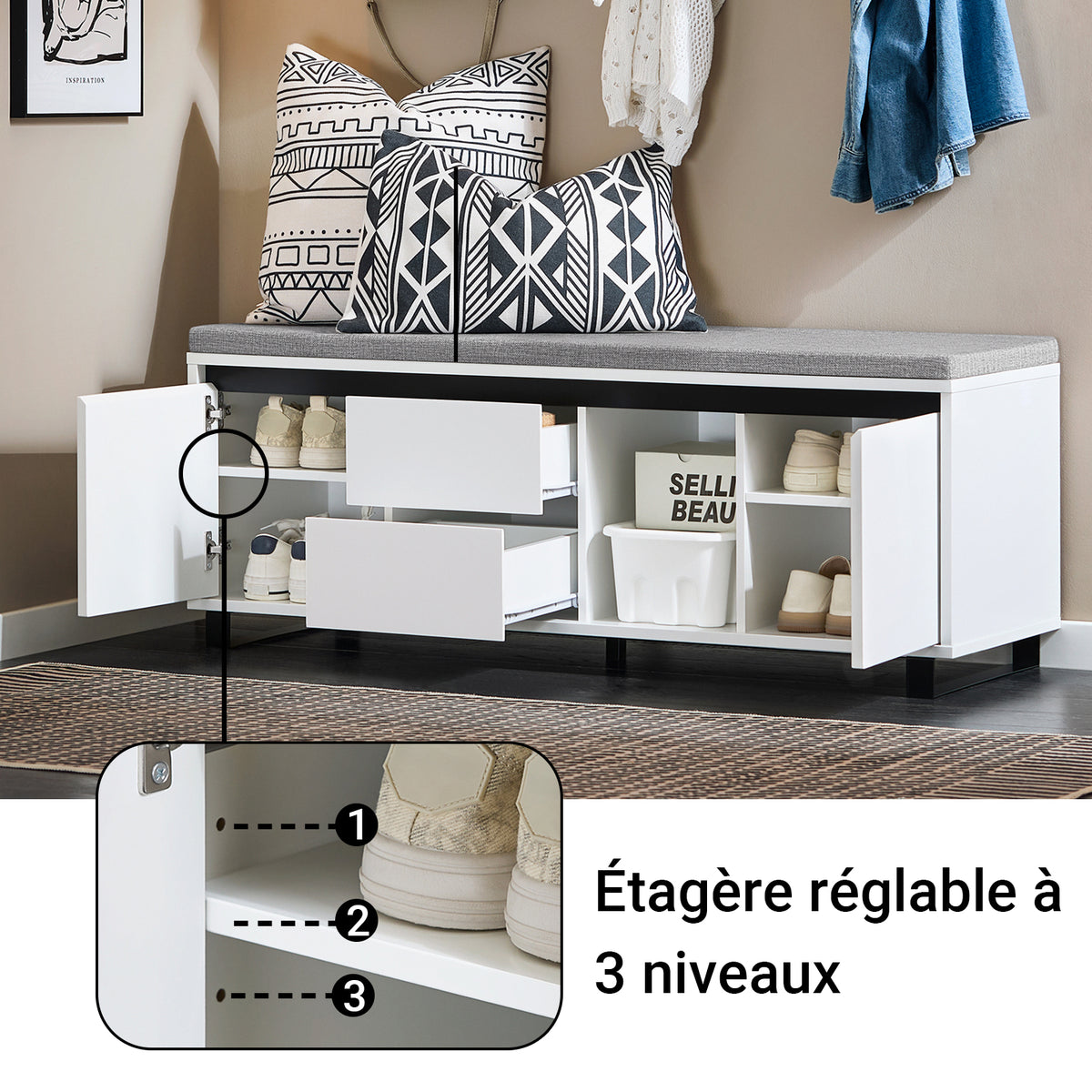 SoBuy FSR176-W Banc de Rangement, Banc à Chaussures, avec 1 Coussin Rembourré, 2 Tiroirs et 2 Portes pour Entrée