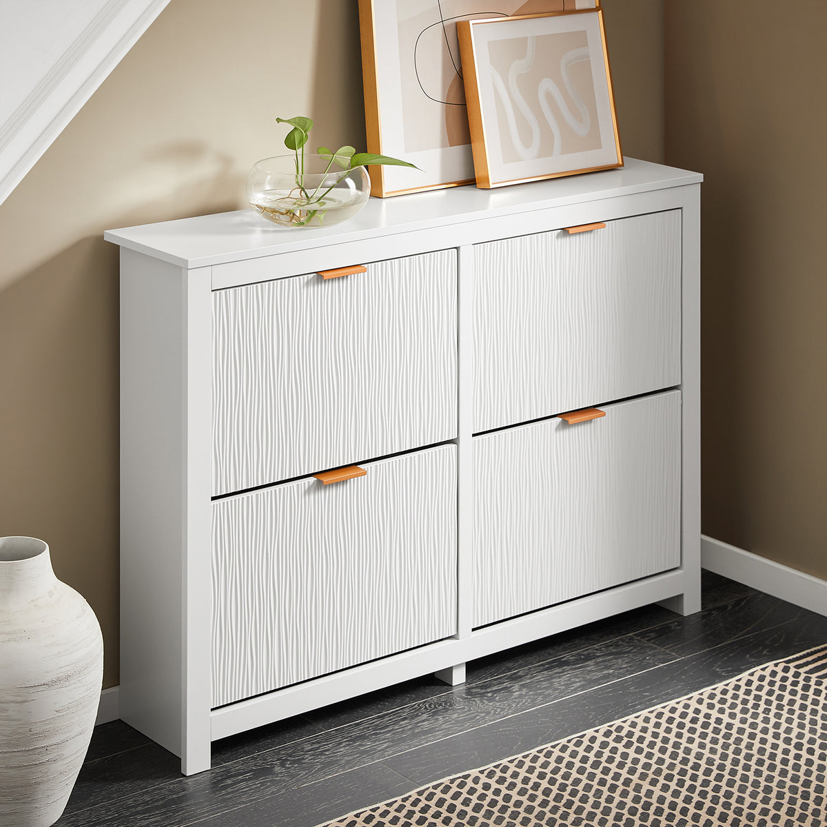 SoBuy FSR186-II-W Meuble à Chaussures à Abattants 4 Niveaux – Rangement Familial pour Entrée – 104x23x82 cm Blanc