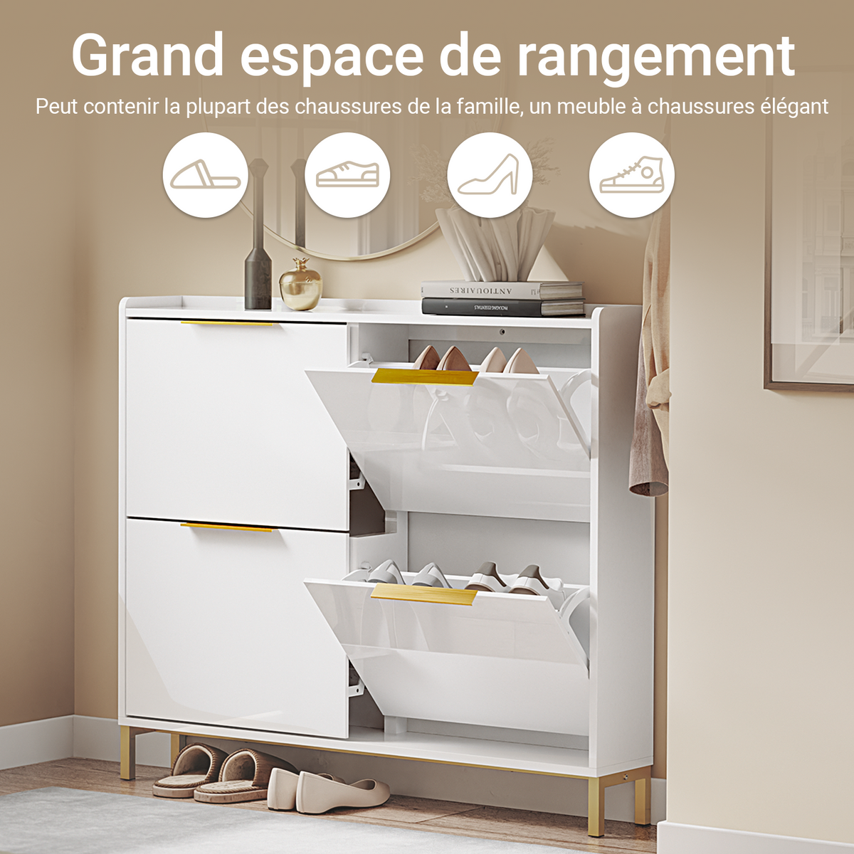 SoBuy FSR206-GW Meuble à Chaussures 100 × 19 × 90 cm, 4 Abattants – Blanc Brillant et Doré