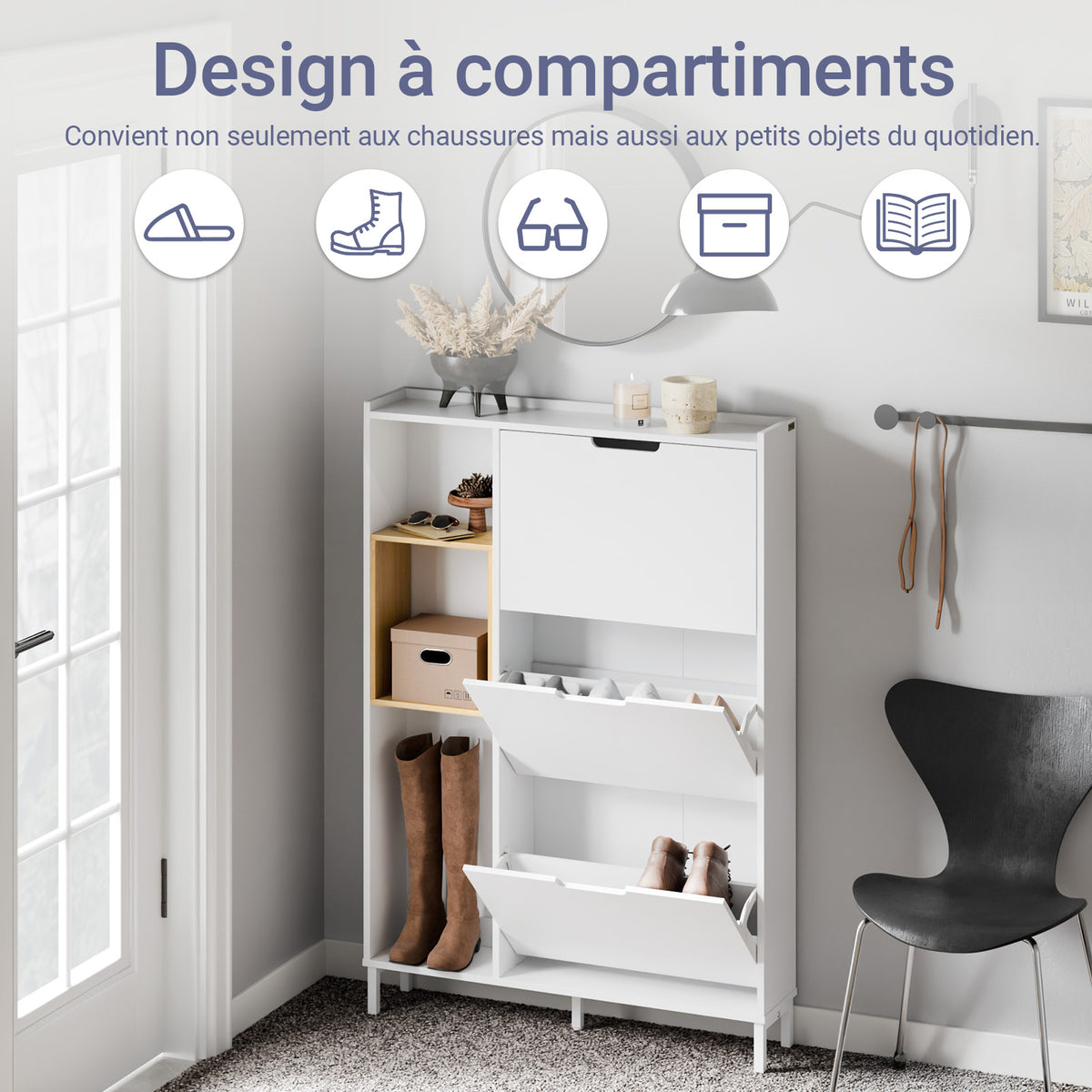 SoBuy FSR209-WN Meuble à Chaussures Faible Profondeur 19 cm – Gain de Place pour Entrée Étroite