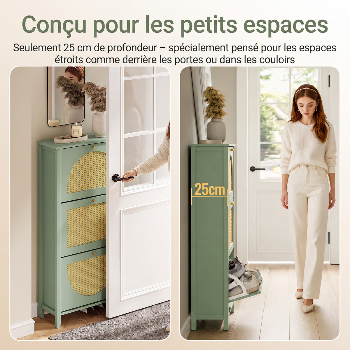 SoBuy FSR222-GR Armoire à Chaussures 3 Abattants en Rotin – 12 à 18 Paires, Style Scandinave – 62×25×121 cm, Vert
